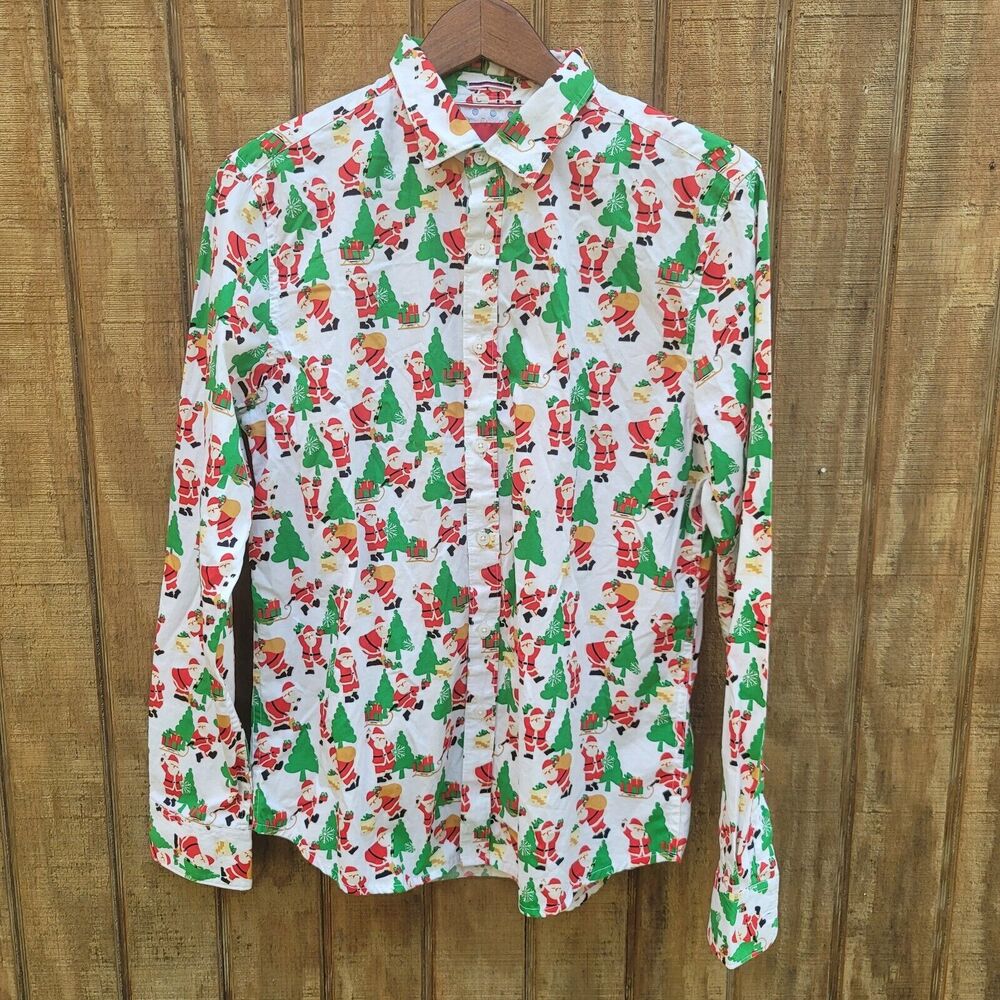 Denim & Flower Ricky Singh Santa Christmas Tree Button Up Shirt Mens Size M